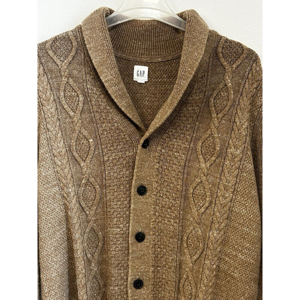 Gap Cable Knit Shawl Collar Cardigan Men XL Tan Brown Fisherman Grandpa